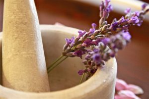 Lavender flowers in mortar and pestle