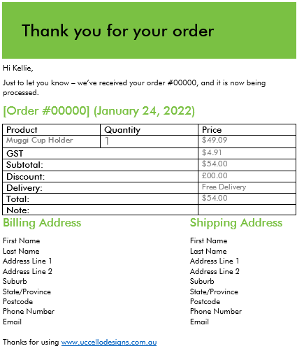 Muggi Cup Holder Order Confirmation Aus