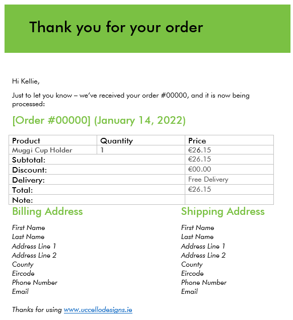 Muggi Cup Holder Order Confirmation Email