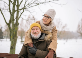 Elderly couple sitting on a bench in the snow
