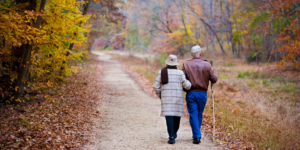 Elderly couple walking in the forest